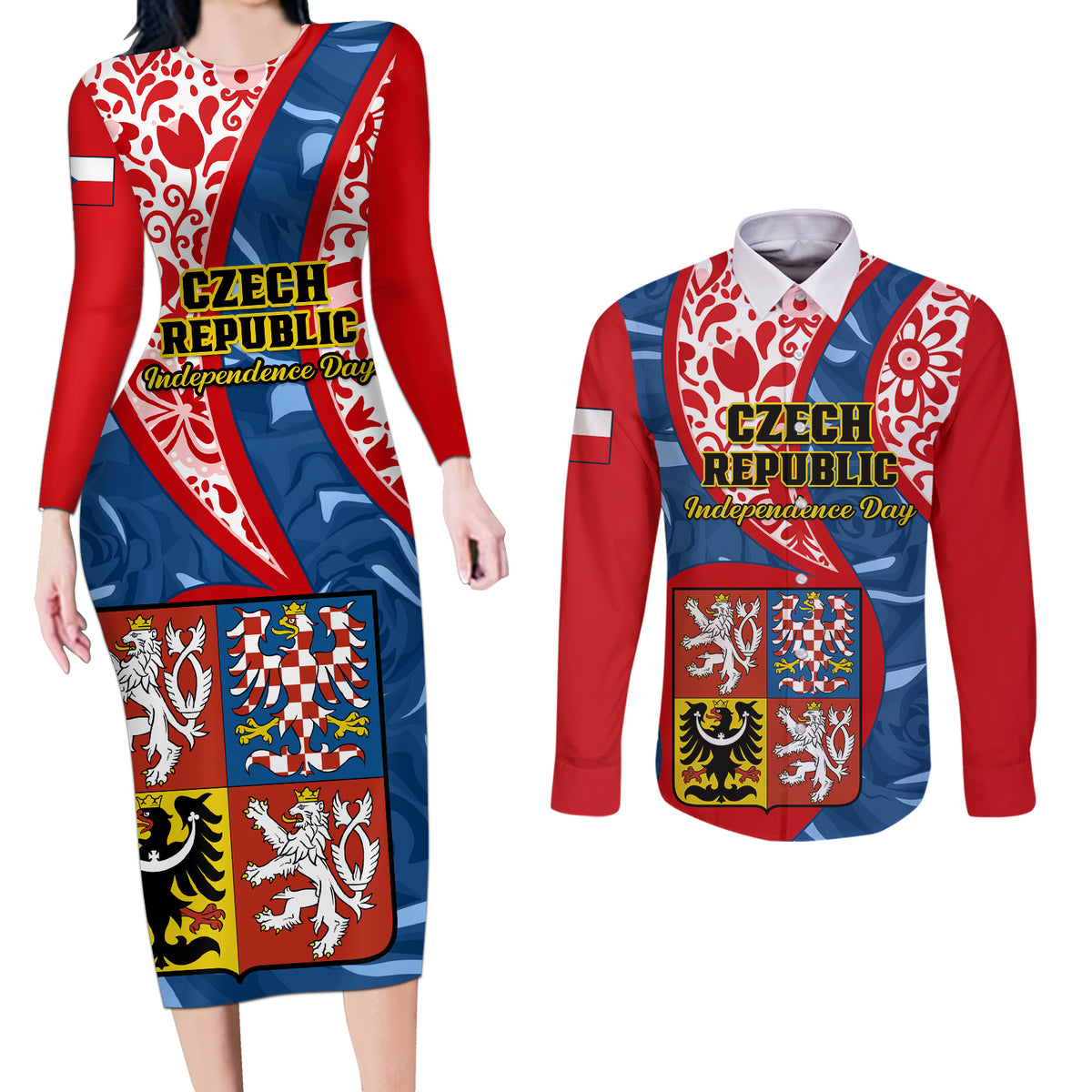 Czech Republic Independence Day Couples Matching Long Sleeve Bodycon Dress and Long Sleeve Button Shirts Czechia Coat Of Arms Embroidery Motif - Wonder Print Shop