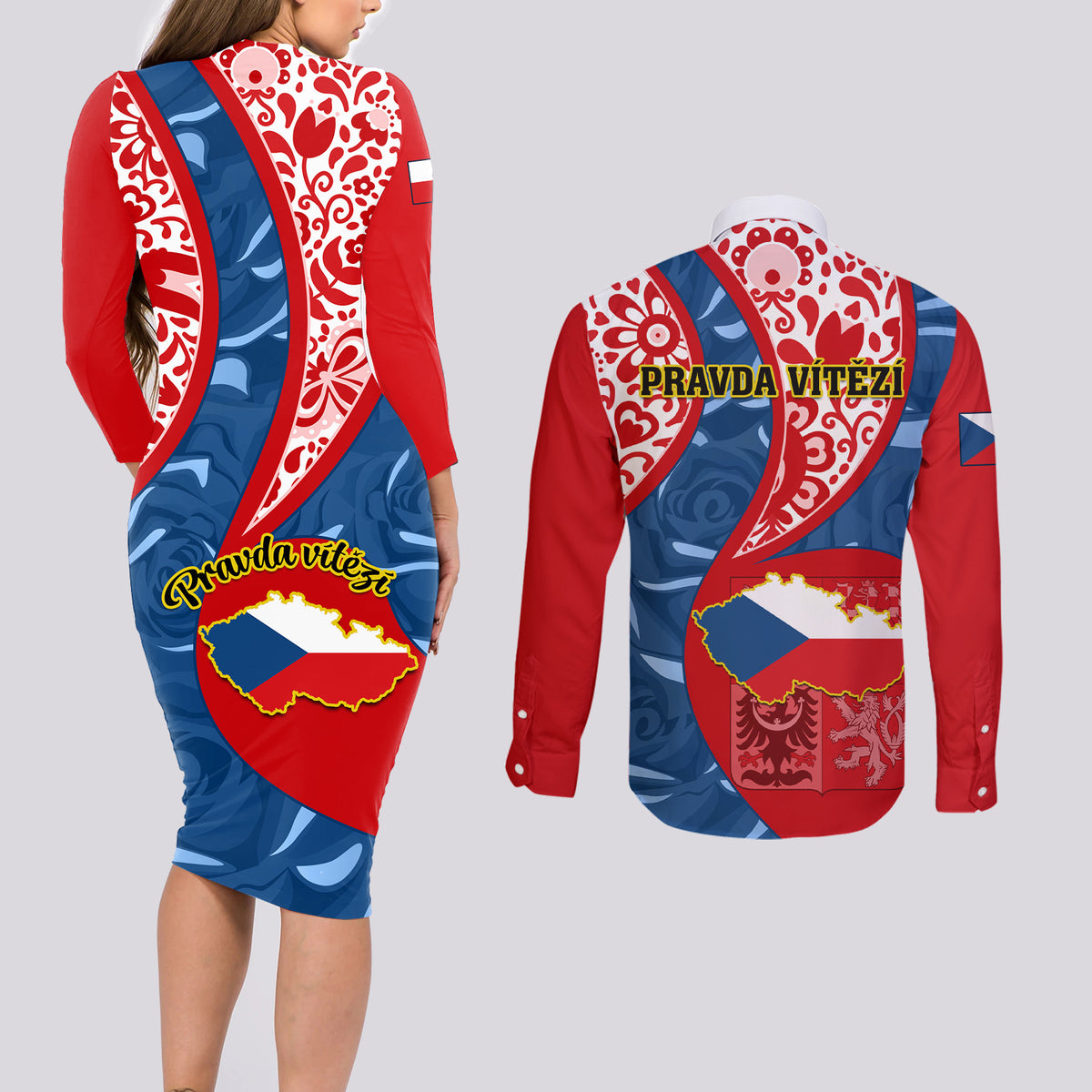 Czech Republic Independence Day Couples Matching Long Sleeve Bodycon Dress and Long Sleeve Button Shirts Czechia Coat Of Arms Embroidery Motif - Wonder Print Shop