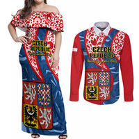 Czech Republic Independence Day Couples Matching Off Shoulder Maxi Dress and Long Sleeve Button Shirts Czechia Coat Of Arms Embroidery Motif - Wonder Print Shop