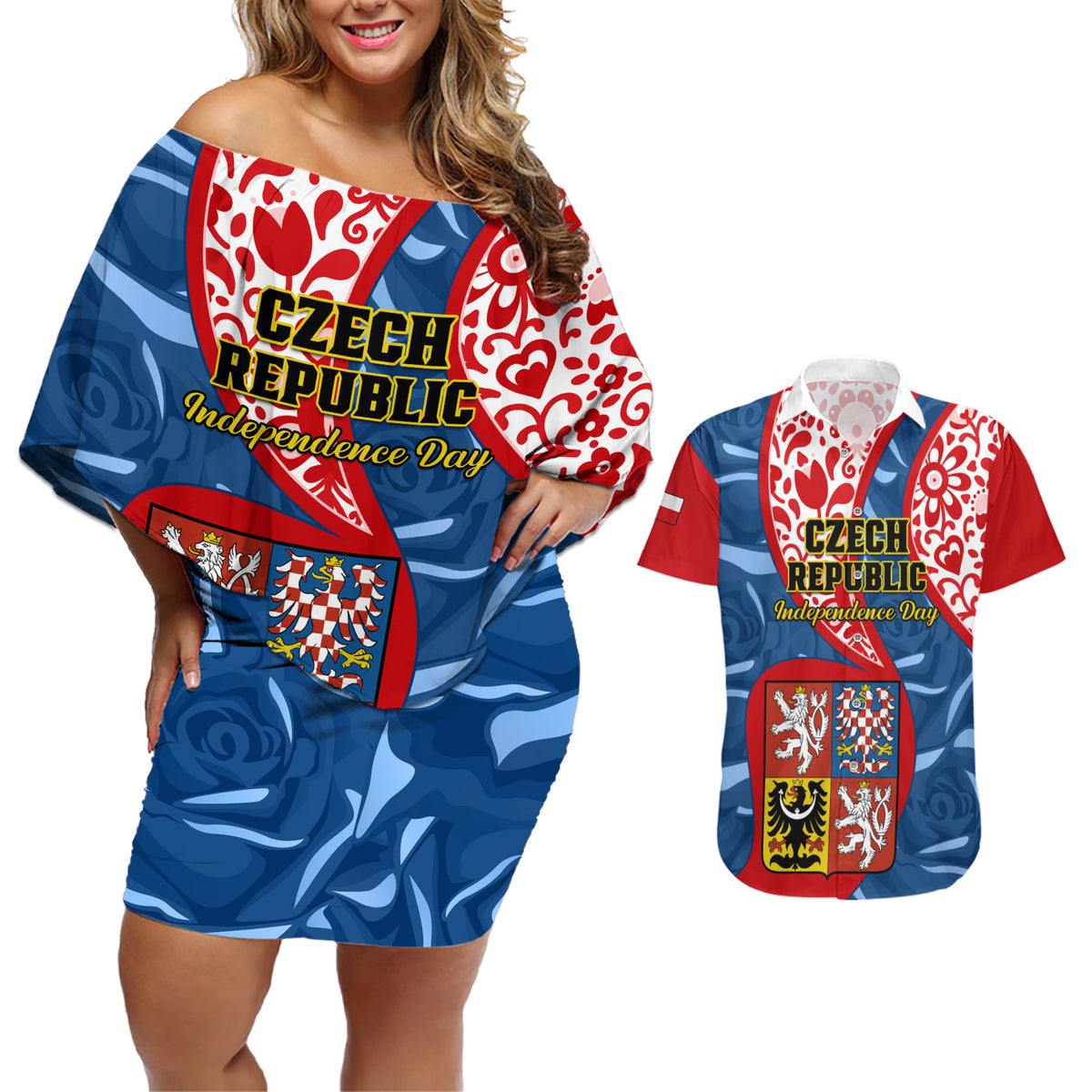 Czech Republic Independence Day Couples Matching Off Shoulder Short Dress and Hawaiian Shirt Czechia Coat Of Arms Embroidery Motif - Wonder Print Shop