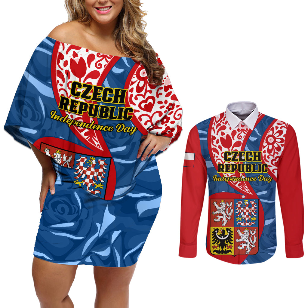 Czech Republic Independence Day Couples Matching Off Shoulder Short Dress and Long Sleeve Button Shirts Czechia Coat Of Arms Embroidery Motif - Wonder Print Shop