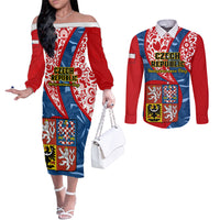 czech-republic-independence-day-couples-matching-off-the-shoulder-long-sleeve-dress-and-long-sleeve-button-shirts-czechia-coat-of-arms-embroidery-motif