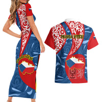 Czech Republic Independence Day Couples Matching Short Sleeve Bodycon Dress and Hawaiian Shirt Czechia Coat Of Arms Embroidery Motif - Wonder Print Shop