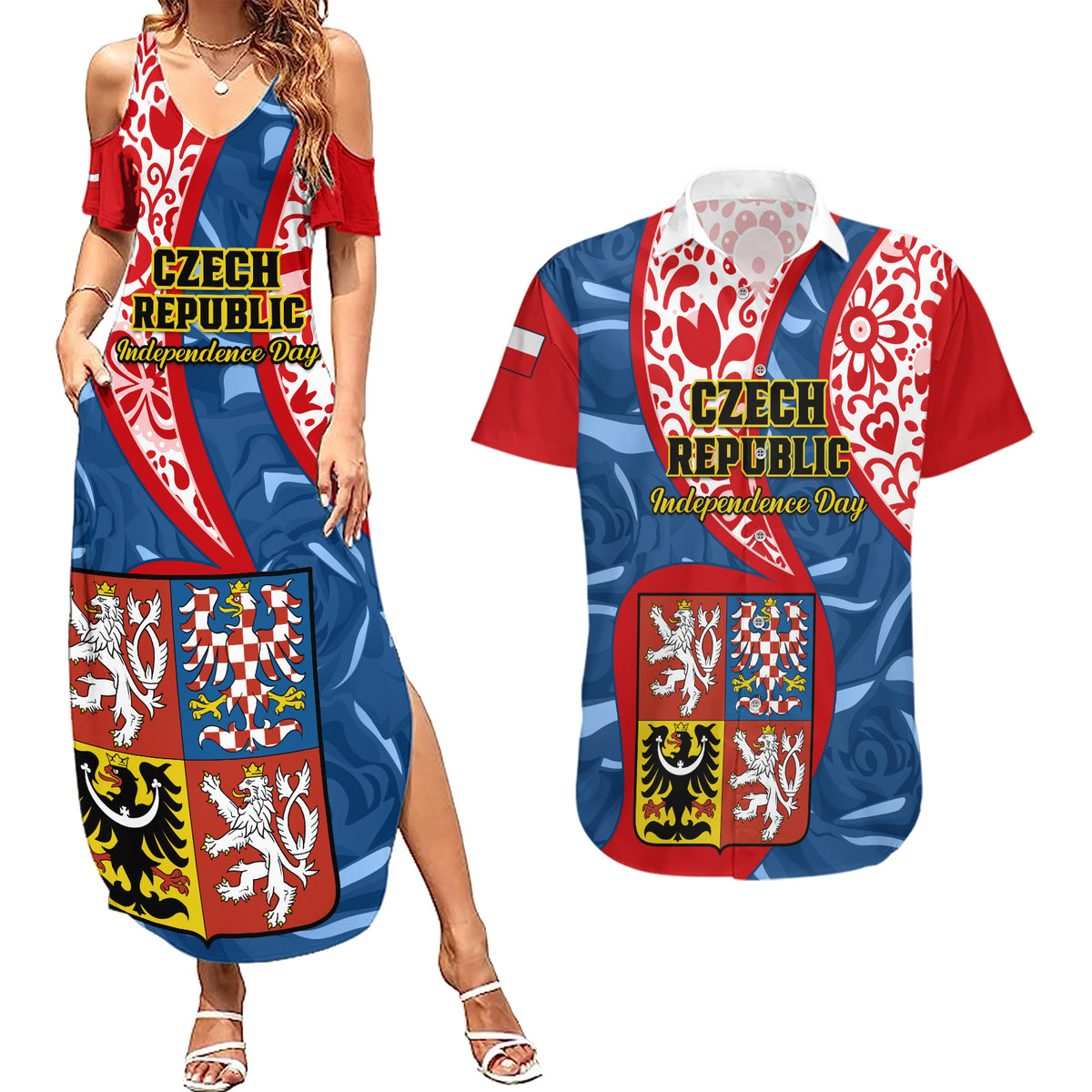 Czech Republic Independence Day Couples Matching Summer Maxi Dress and Hawaiian Shirt Czechia Coat Of Arms Embroidery Motif - Wonder Print Shop