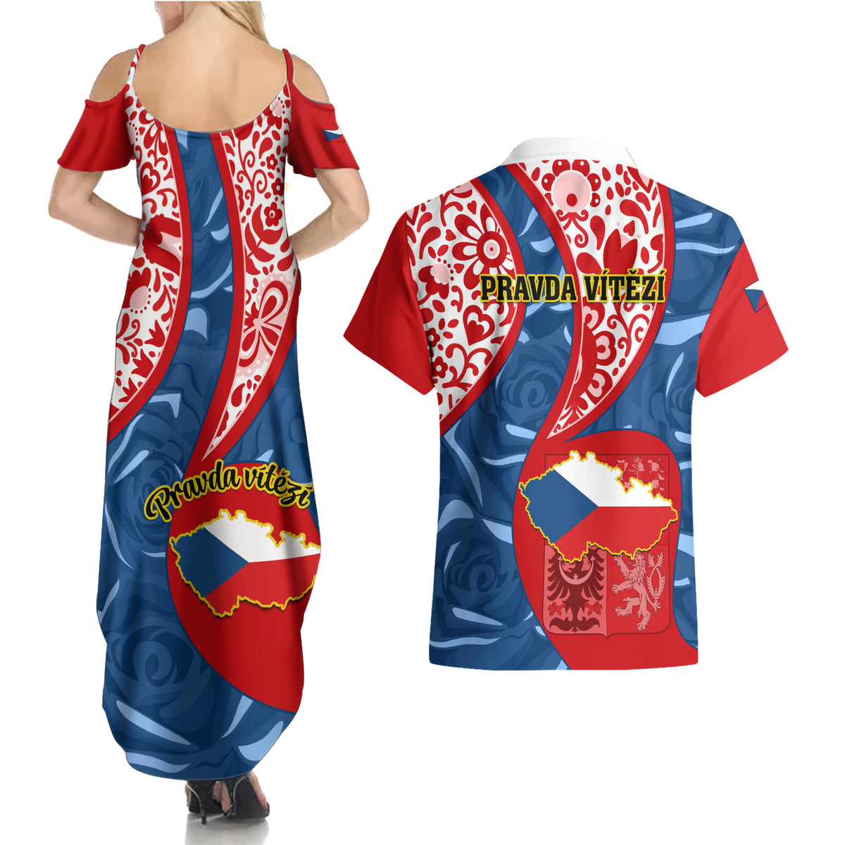 Czech Republic Independence Day Couples Matching Summer Maxi Dress and Hawaiian Shirt Czechia Coat Of Arms Embroidery Motif - Wonder Print Shop