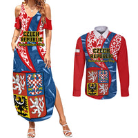 Czech Republic Independence Day Couples Matching Summer Maxi Dress and Long Sleeve Button Shirts Czechia Coat Of Arms Embroidery Motif - Wonder Print Shop