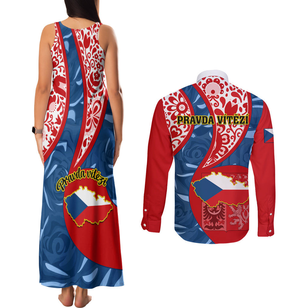 Czech Republic Independence Day Couples Matching Tank Maxi Dress and Long Sleeve Button Shirts Czechia Coat Of Arms Embroidery Motif - Wonder Print Shop