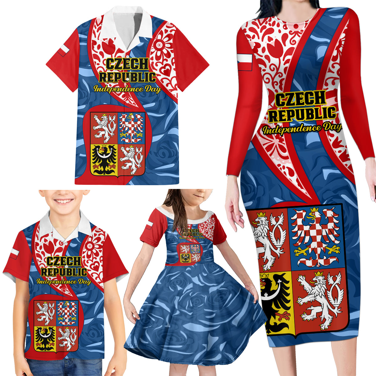 Czech Republic Independence Day Family Matching Long Sleeve Bodycon Dress and Hawaiian Shirt Czechia Coat Of Arms Embroidery Motif - Wonder Print Shop