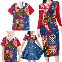 Czech Republic Independence Day Family Matching Long Sleeve Bodycon Dress and Hawaiian Shirt Czechia Coat Of Arms Embroidery Motif - Wonder Print Shop