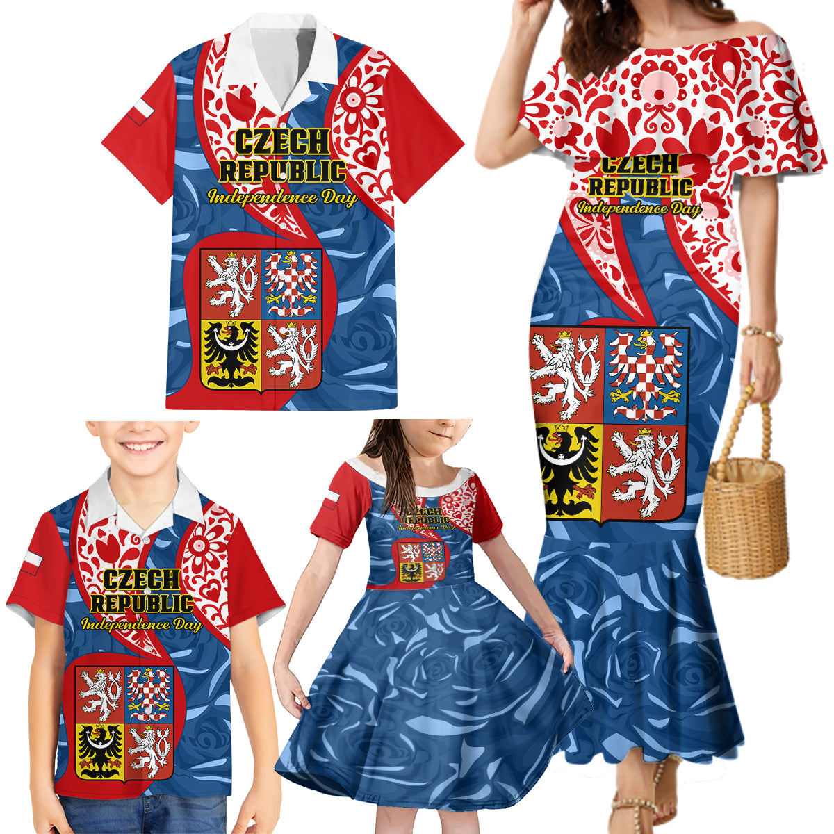 Czech Republic Independence Day Family Matching Mermaid Dress and Hawaiian Shirt Czechia Coat Of Arms Embroidery Motif - Wonder Print Shop