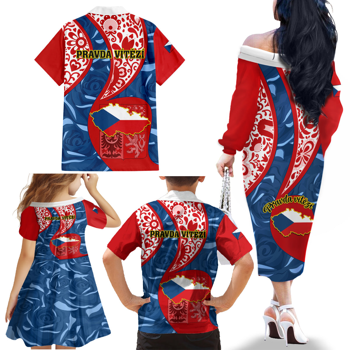 Czech Republic Independence Day Family Matching Off Shoulder Long Sleeve Dress and Hawaiian Shirt Czechia Coat Of Arms Embroidery Motif - Wonder Print Shop