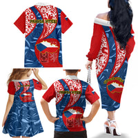Czech Republic Independence Day Family Matching Off Shoulder Long Sleeve Dress and Hawaiian Shirt Czechia Coat Of Arms Embroidery Motif - Wonder Print Shop