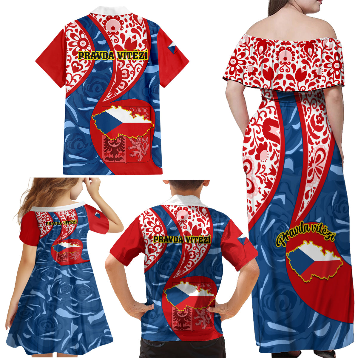 Czech Republic Independence Day Family Matching Off Shoulder Maxi Dress and Hawaiian Shirt Czechia Coat Of Arms Embroidery Motif - Wonder Print Shop