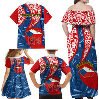 Czech Republic Independence Day Family Matching Off Shoulder Maxi Dress and Hawaiian Shirt Czechia Coat Of Arms Embroidery Motif - Wonder Print Shop