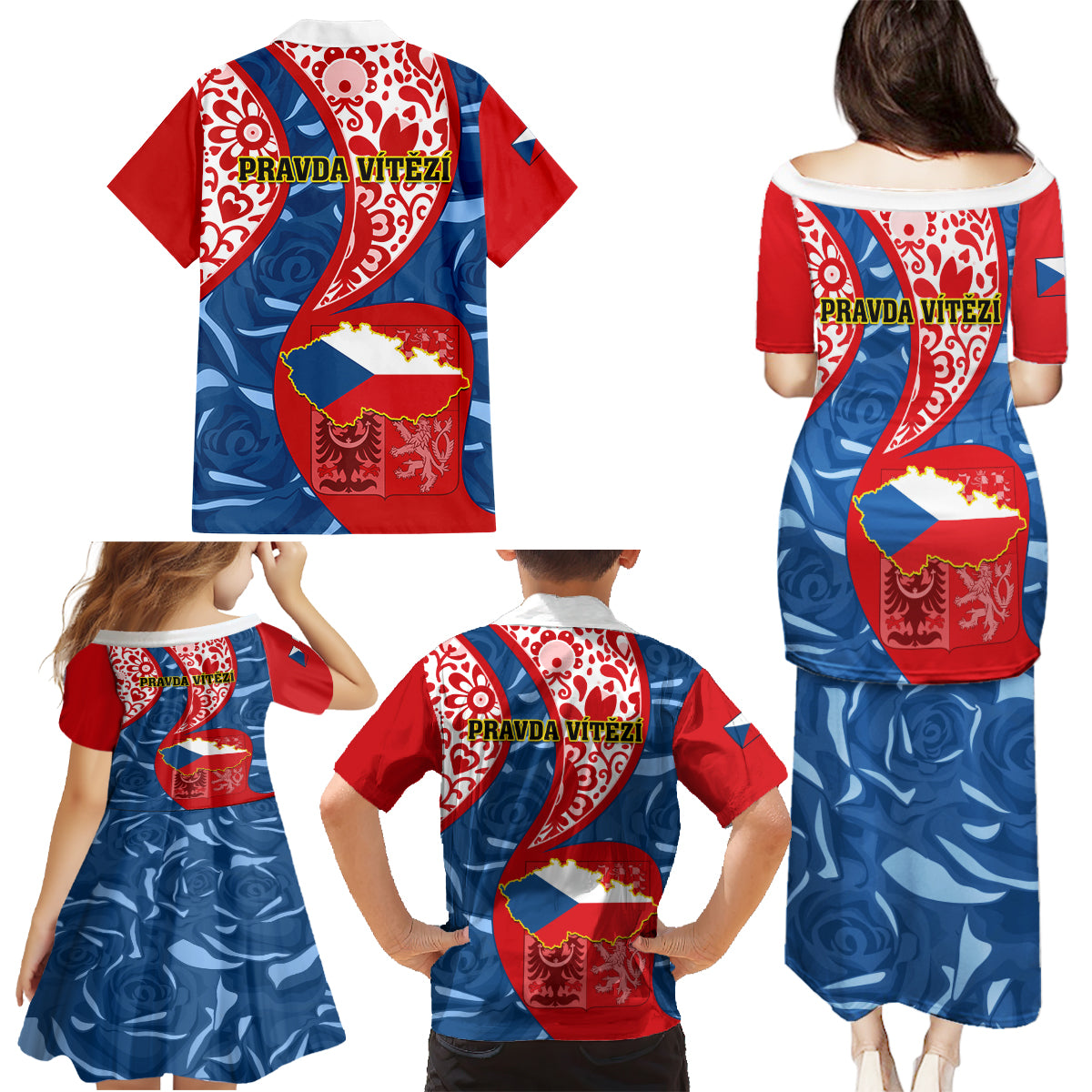 Czech Republic Independence Day Family Matching Puletasi Dress and Hawaiian Shirt Czechia Coat Of Arms Embroidery Motif - Wonder Print Shop
