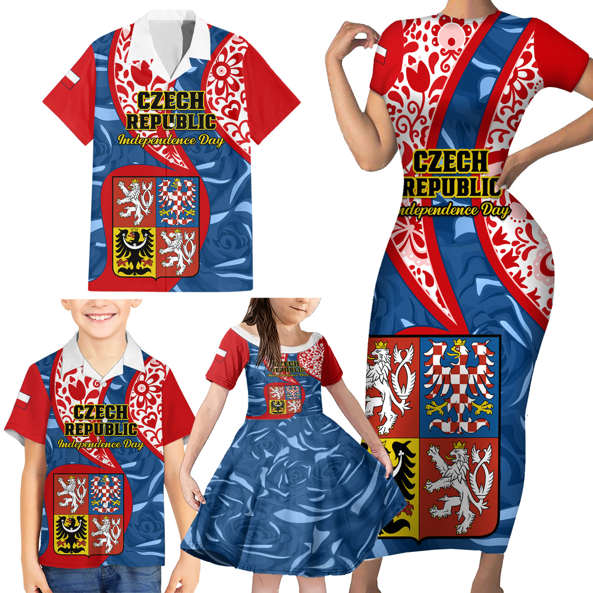 Czech Republic Independence Day Family Matching Short Sleeve Bodycon Dress and Hawaiian Shirt Czechia Coat Of Arms Embroidery Motif - Wonder Print Shop