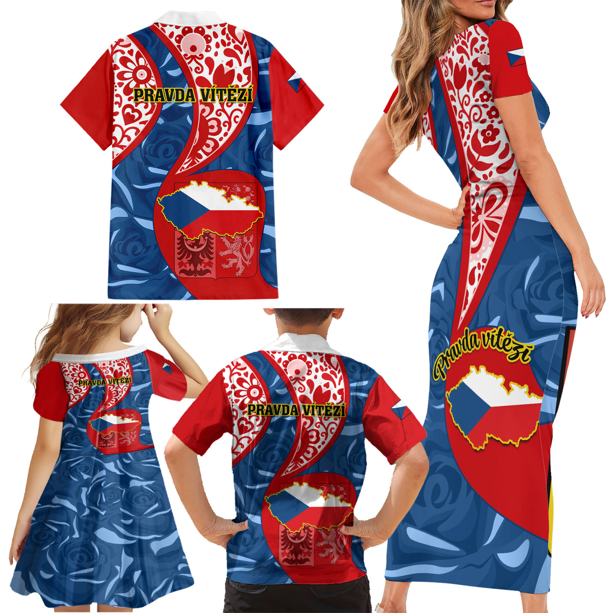 Czech Republic Independence Day Family Matching Short Sleeve Bodycon Dress and Hawaiian Shirt Czechia Coat Of Arms Embroidery Motif - Wonder Print Shop