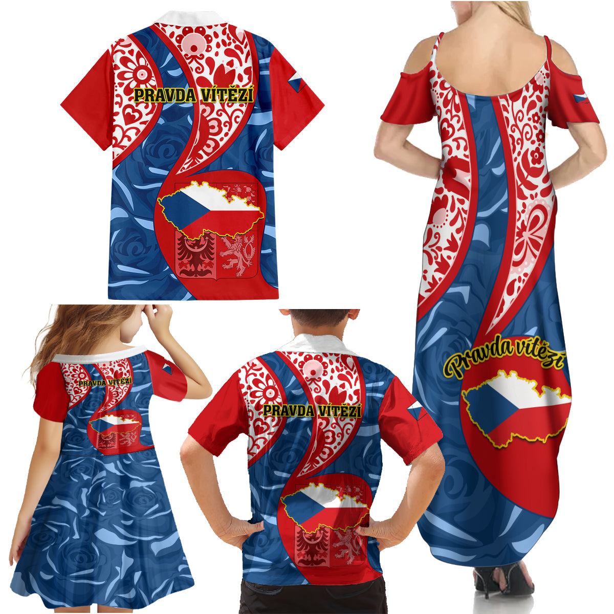 Czech Republic Independence Day Family Matching Summer Maxi Dress and Hawaiian Shirt Czechia Coat Of Arms Embroidery Motif - Wonder Print Shop