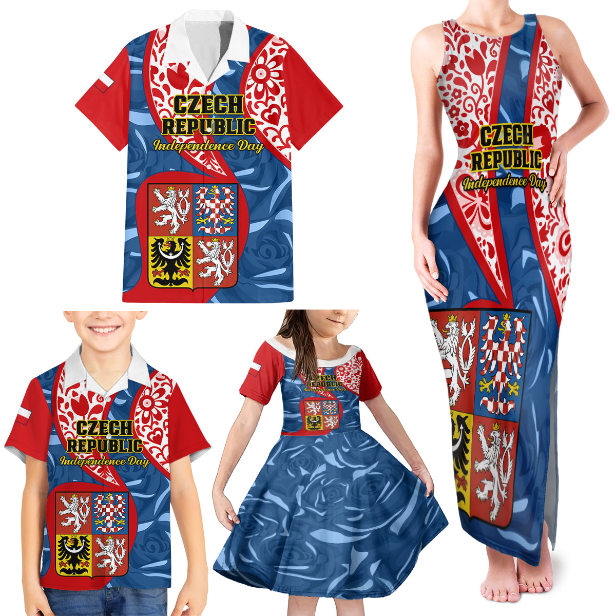 Czech Republic Independence Day Family Matching Tank Maxi Dress and Hawaiian Shirt Czechia Coat Of Arms Embroidery Motif - Wonder Print Shop