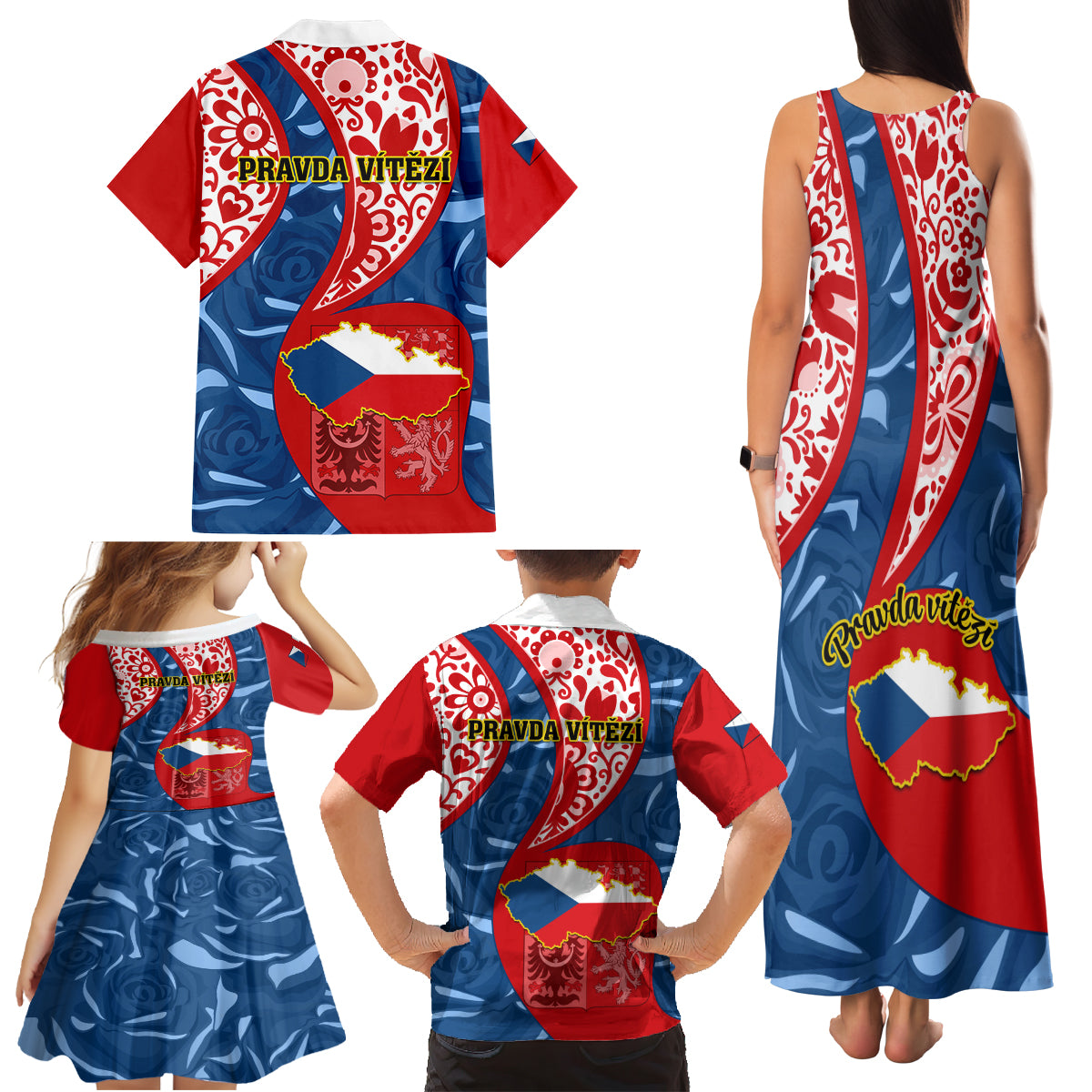 Czech Republic Independence Day Family Matching Tank Maxi Dress and Hawaiian Shirt Czechia Coat Of Arms Embroidery Motif - Wonder Print Shop
