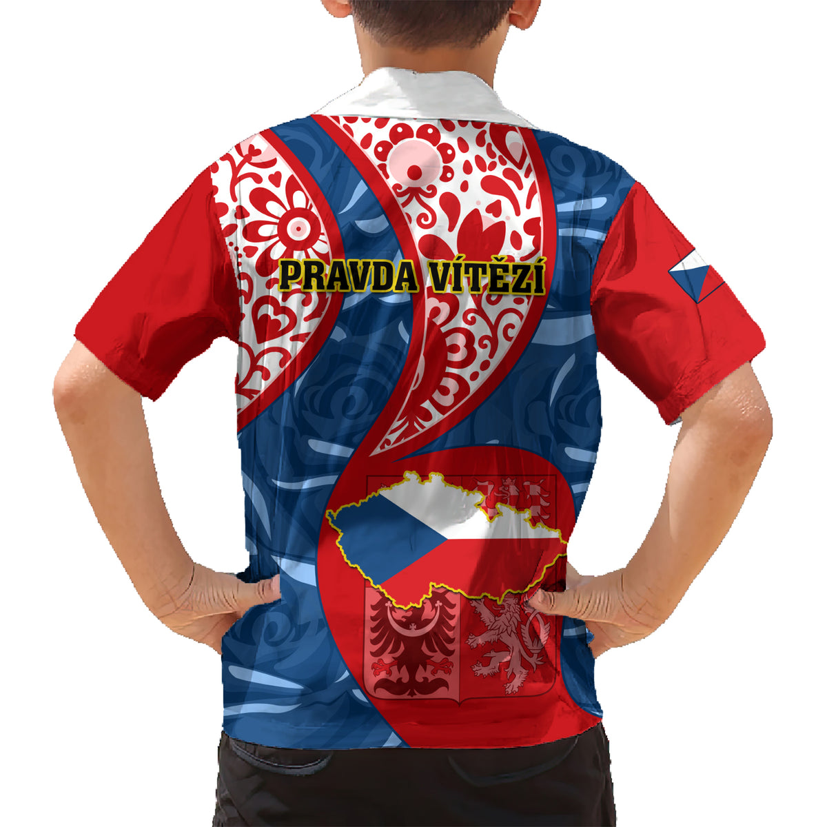 Czech Republic Independence Day Kid Hawaiian Shirt Czechia Coat Of Arms Embroidery Motif - Wonder Print Shop