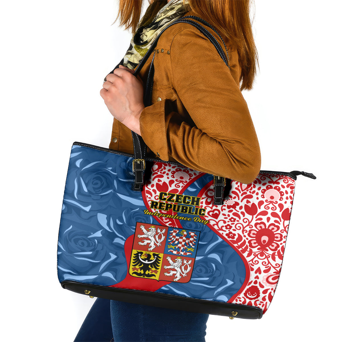 Czech Republic Independence Day Leather Tote Bag Czechia Coat Of Arms Embroidery Motif - Wonder Print Shop