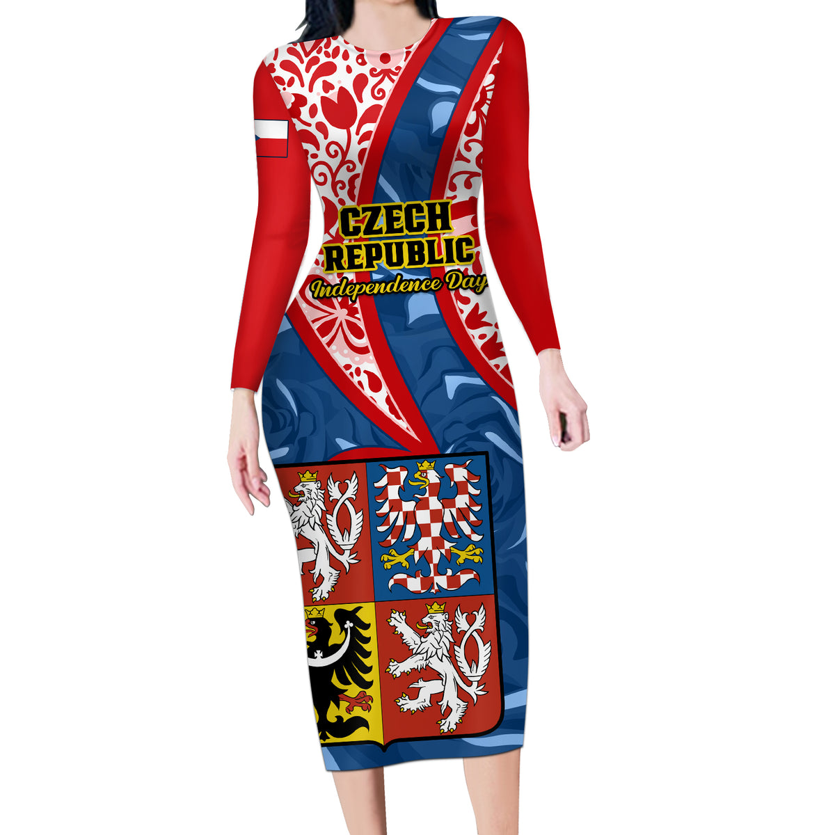 Czech Republic Independence Day Long Sleeve Bodycon Dress Czechia Coat Of Arms Embroidery Motif - Wonder Print Shop