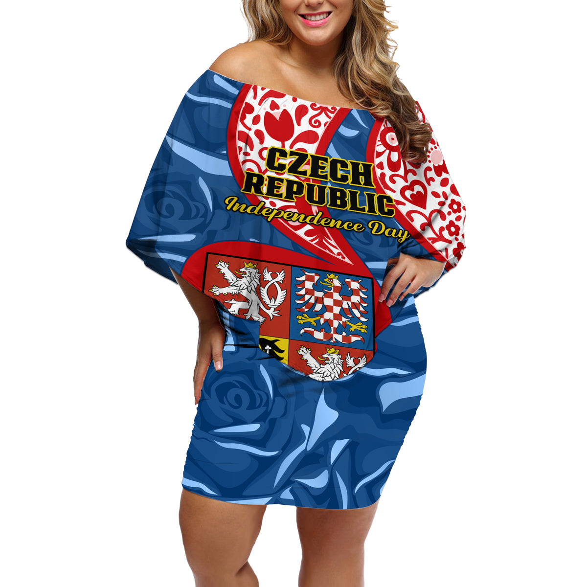 Czech Republic Independence Day Off Shoulder Short Dress Czechia Coat Of Arms Embroidery Motif - Wonder Print Shop