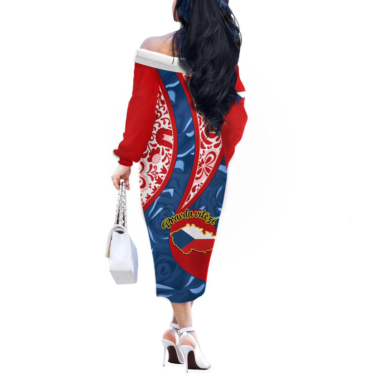 Czech Republic Independence Day Off The Shoulder Long Sleeve Dress Czechia Coat Of Arms Embroidery Motif - Wonder Print Shop