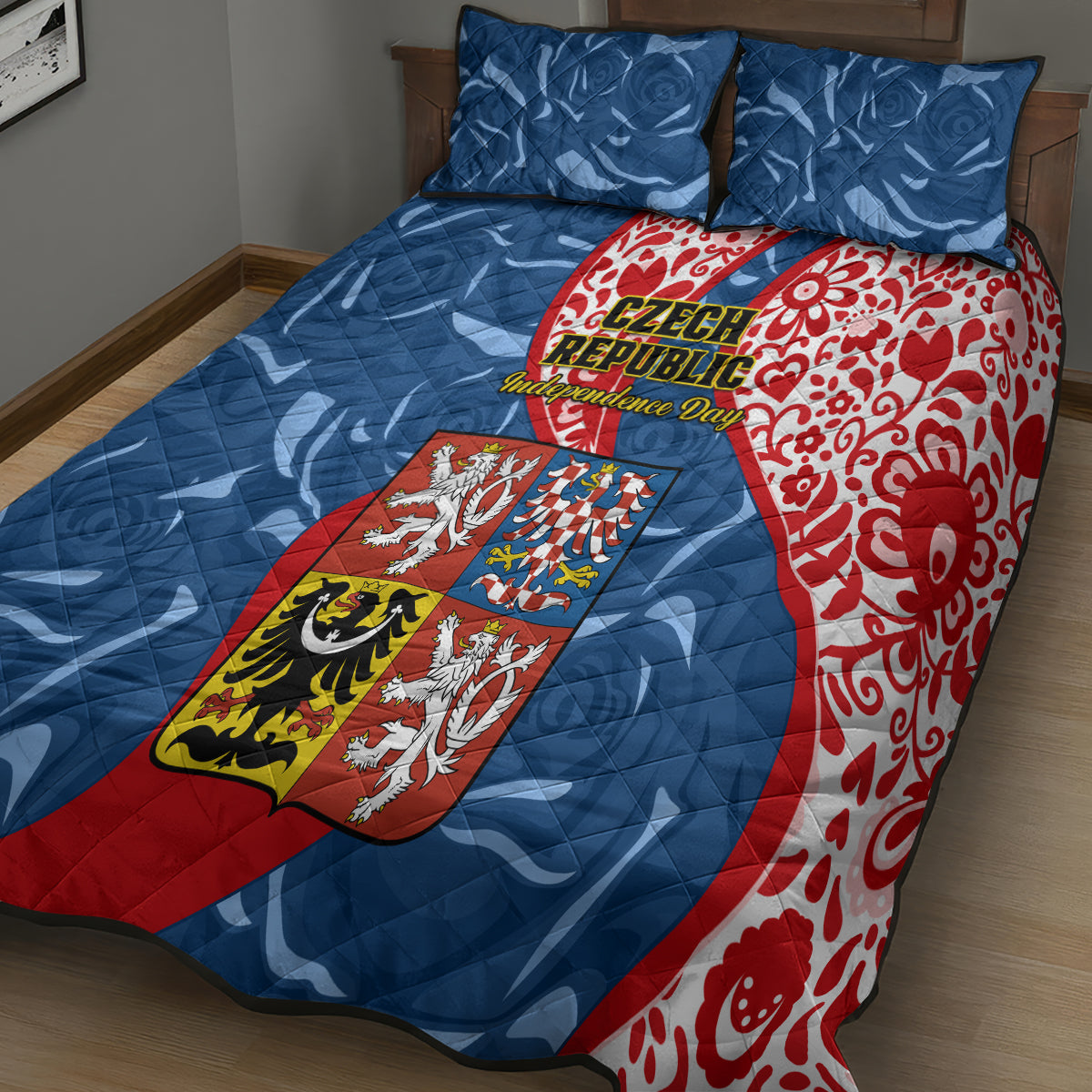 Czech Republic Independence Day Quilt Bed Set Czechia Coat Of Arms Embroidery Motif - Wonder Print Shop
