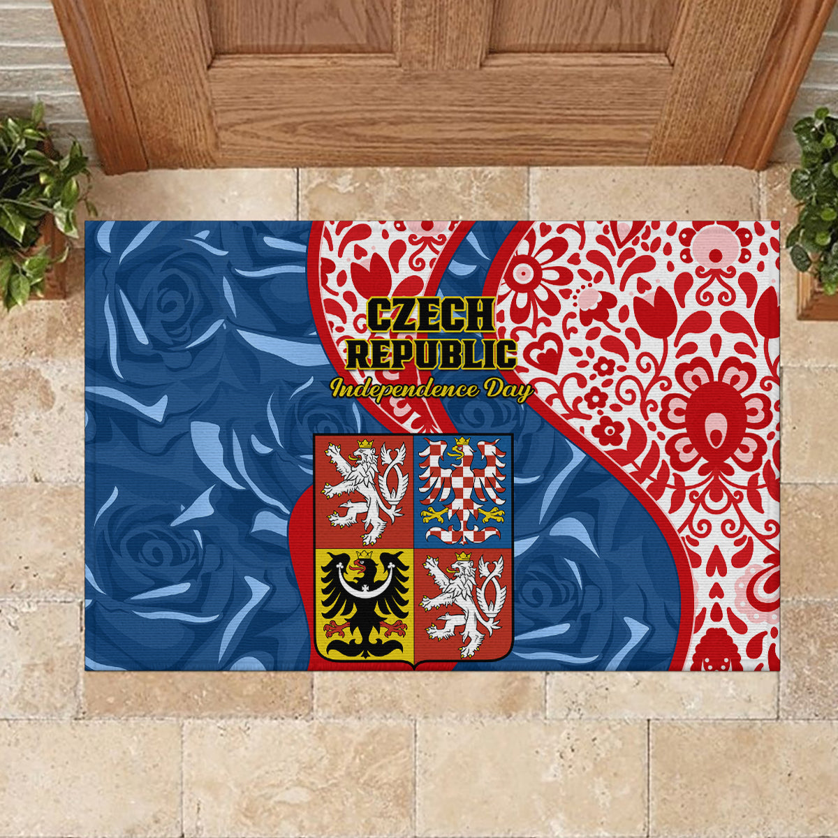 Czech Republic Independence Day Rubber Doormat Czechia Coat Of Arms Embroidery Motif - Wonder Print Shop