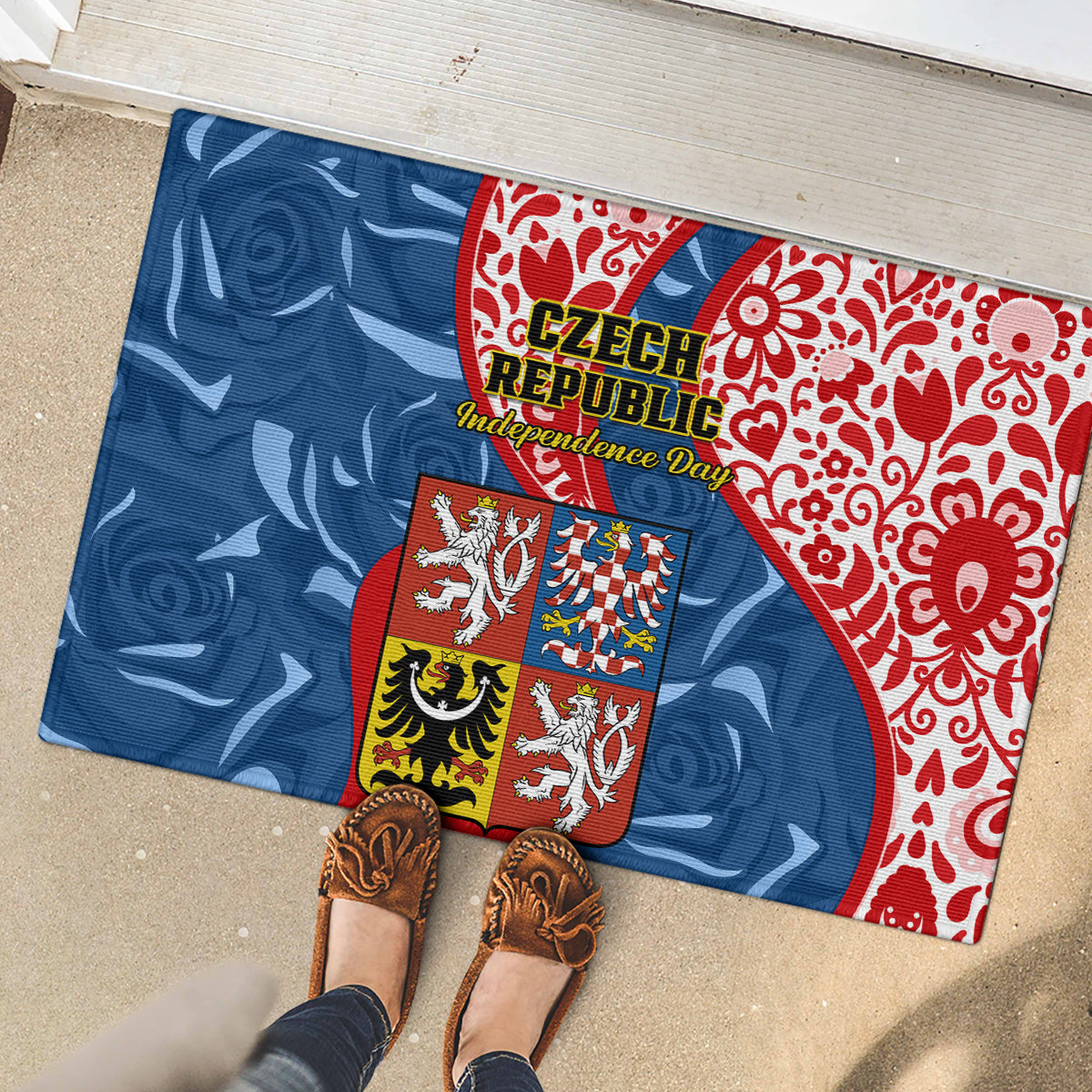 Czech Republic Independence Day Rubber Doormat Czechia Coat Of Arms Embroidery Motif - Wonder Print Shop
