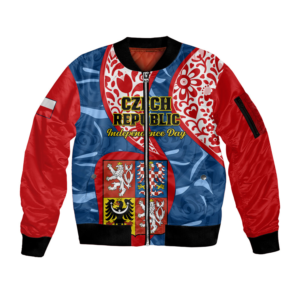 Czech Republic Independence Day Sleeve Zip Bomber Jacket Czechia Coat Of Arms Embroidery Motif - Wonder Print Shop