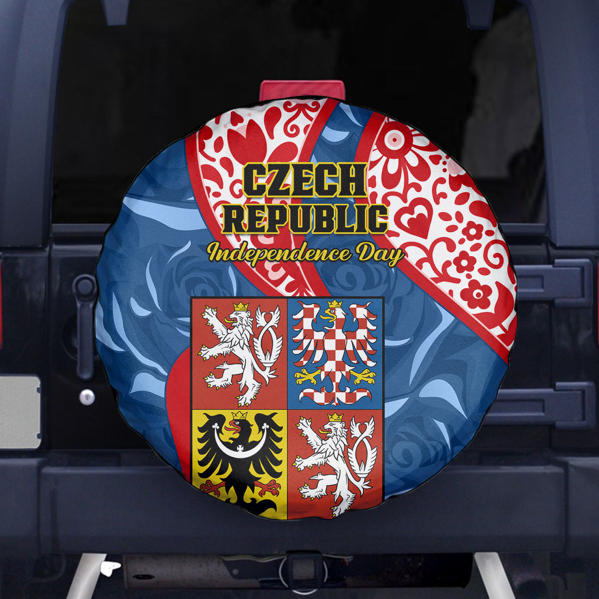 Czech Republic Independence Day Spare Tire Cover Czechia Coat Of Arms Embroidery Motif - Wonder Print Shop