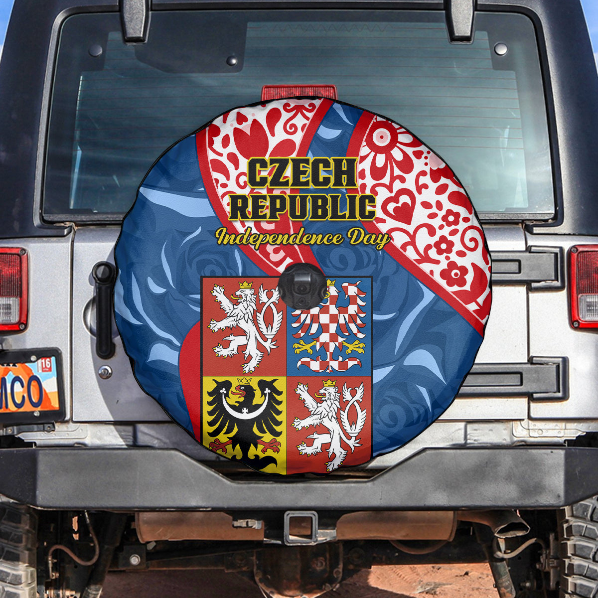 Czech Republic Independence Day Spare Tire Cover Czechia Coat Of Arms Embroidery Motif - Wonder Print Shop
