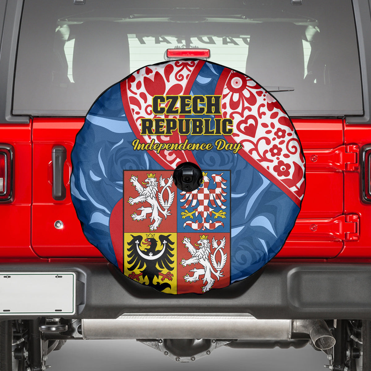 Czech Republic Independence Day Spare Tire Cover Czechia Coat Of Arms Embroidery Motif - Wonder Print Shop