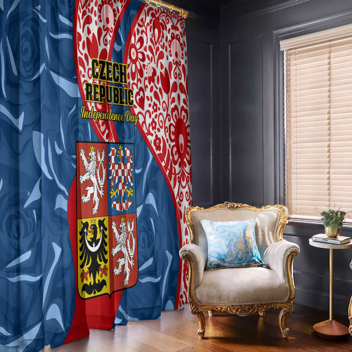 Czech Republic Independence Day Window Curtain Czechia Coat Of Arms Embroidery Motif - Wonder Print Shop