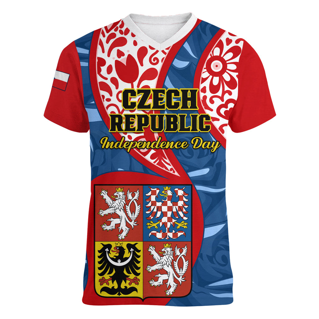 Czech Republic Independence Day Women V Neck T Shirt Czechia Coat Of Arms Embroidery Motif - Wonder Print Shop