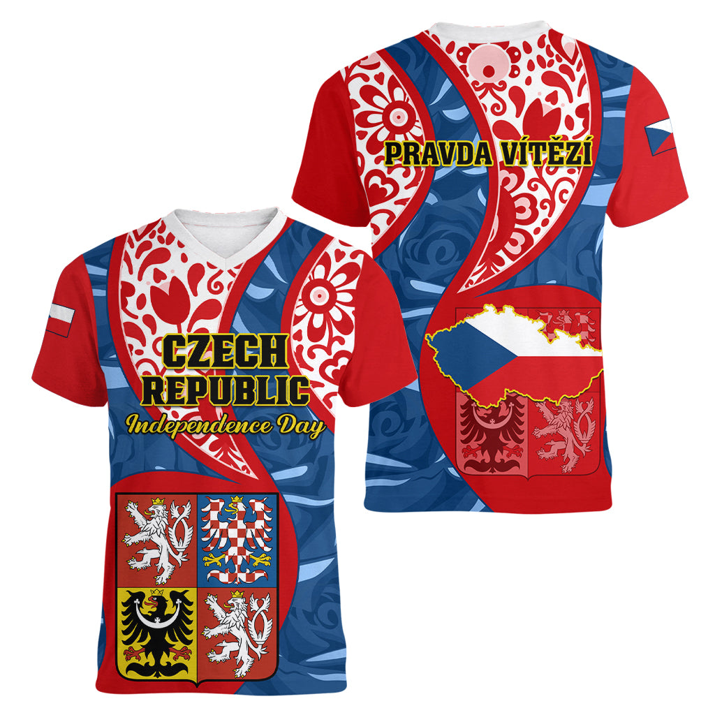 Czech Republic Independence Day Women V Neck T Shirt Czechia Coat Of Arms Embroidery Motif - Wonder Print Shop