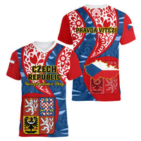 Czech Republic Independence Day Women V Neck T Shirt Czechia Coat Of Arms Embroidery Motif - Wonder Print Shop