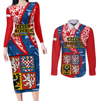 Personalised Czech Republic Independence Day Couples Matching Long Sleeve Bodycon Dress and Long Sleeve Button Shirts Czechia Coat Of Arms Embroidery Motif - Wonder Print Shop