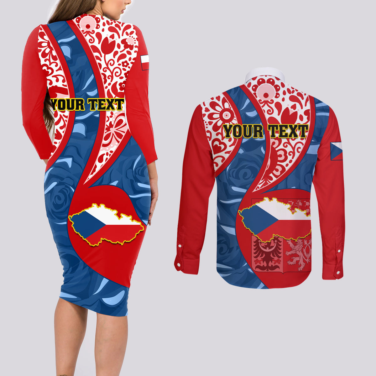 Personalised Czech Republic Independence Day Couples Matching Long Sleeve Bodycon Dress and Long Sleeve Button Shirts Czechia Coat Of Arms Embroidery Motif - Wonder Print Shop