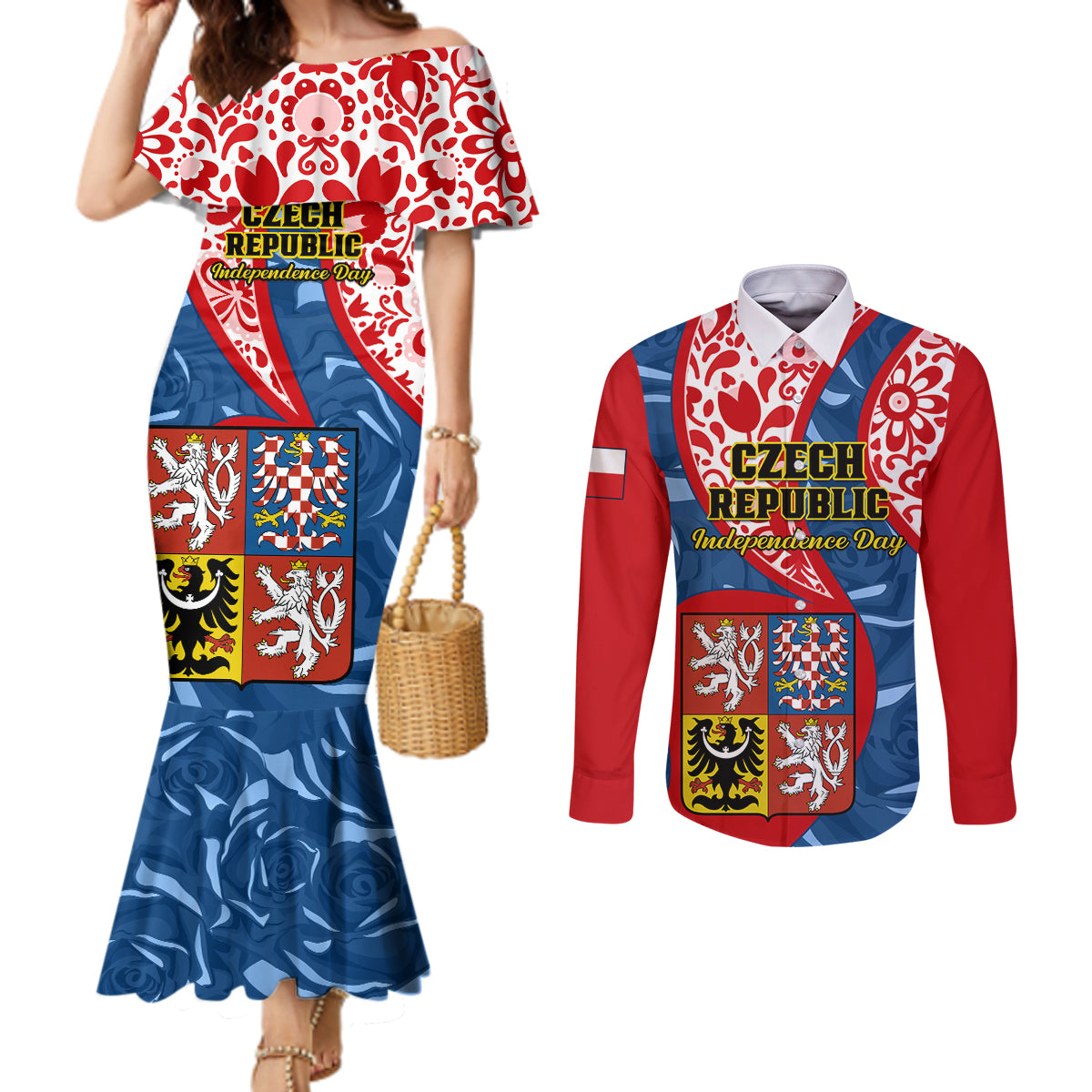 personalised-czech-republic-independence-day-couples-matching-mermaid-dress-and-long-sleeve-button-shirts-czechia-coat-of-arms-embroidery-motif