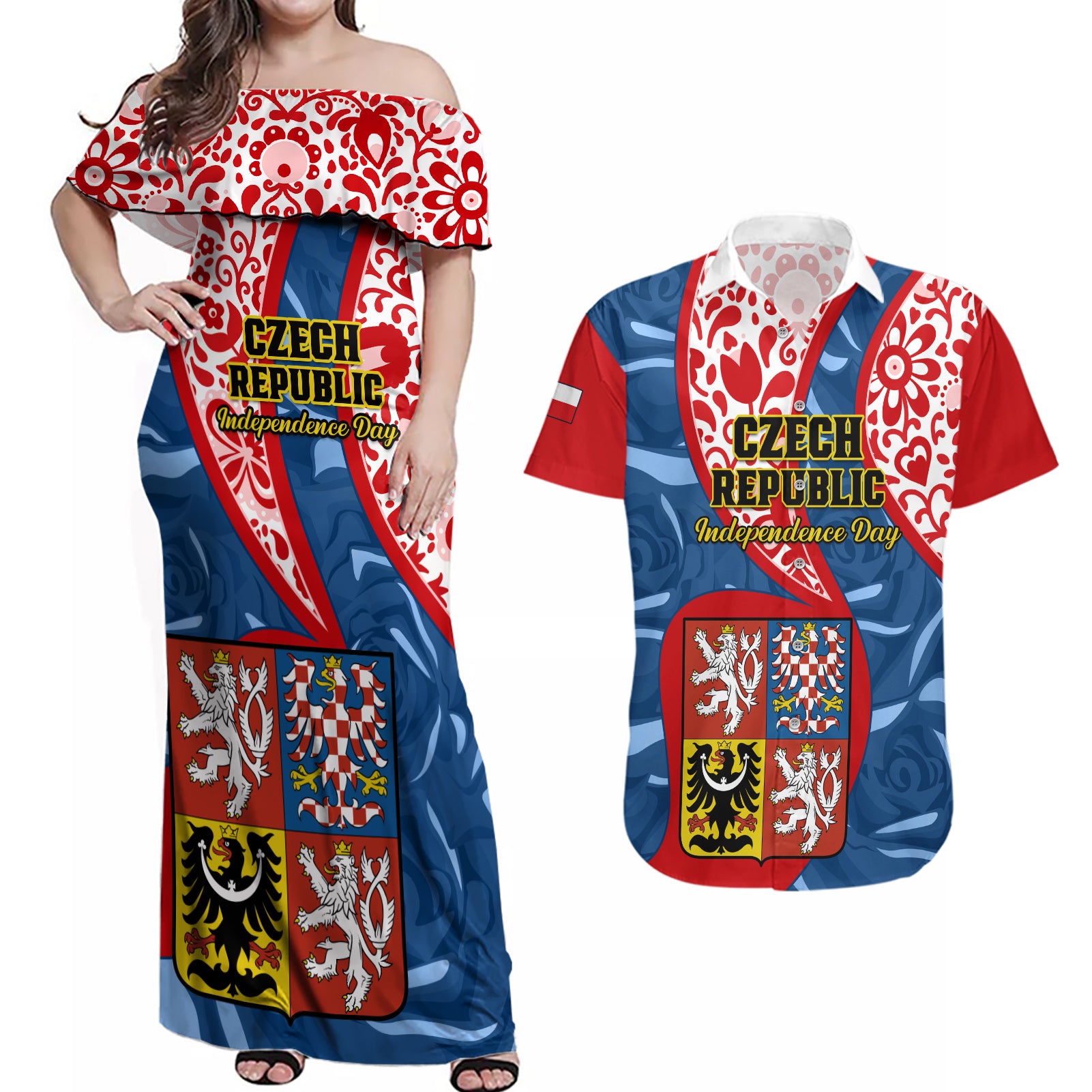 Personalised Czech Republic Independence Day Couples Matching Off Shoulder Maxi Dress and Hawaiian Shirt Czechia Coat Of Arms Embroidery Motif - Wonder Print Shop