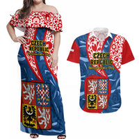 Personalised Czech Republic Independence Day Couples Matching Off Shoulder Maxi Dress and Hawaiian Shirt Czechia Coat Of Arms Embroidery Motif - Wonder Print Shop
