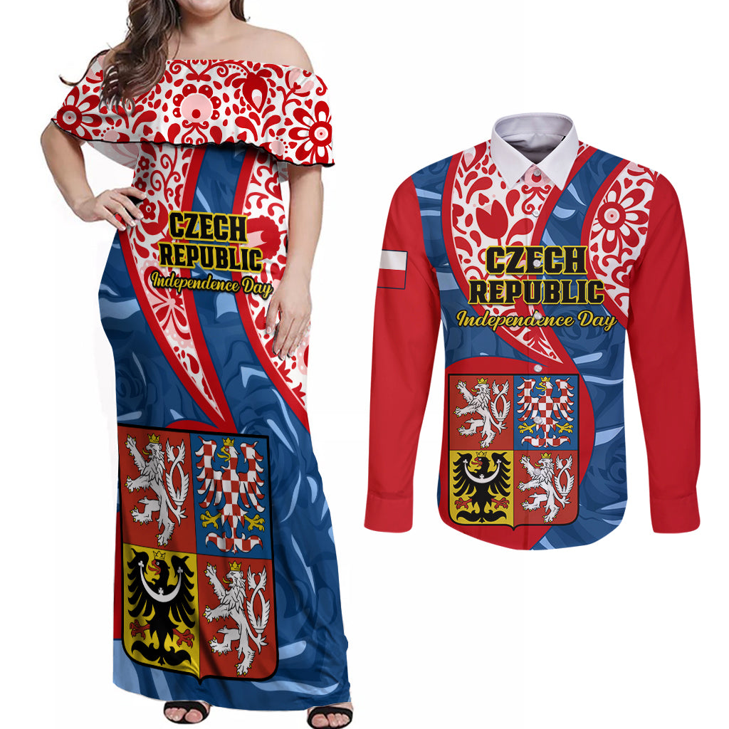 Personalised Czech Republic Independence Day Couples Matching Off Shoulder Maxi Dress and Long Sleeve Button Shirts Czechia Coat Of Arms Embroidery Motif - Wonder Print Shop
