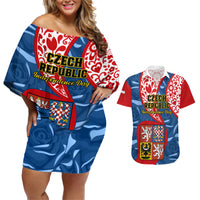 Personalised Czech Republic Independence Day Couples Matching Off Shoulder Short Dress and Hawaiian Shirt Czechia Coat Of Arms Embroidery Motif - Wonder Print Shop
