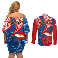 Personalised Czech Republic Independence Day Couples Matching Off Shoulder Short Dress and Long Sleeve Button Shirts Czechia Coat Of Arms Embroidery Motif - Wonder Print Shop