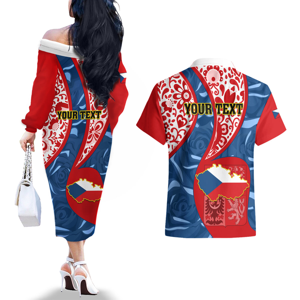 Personalised Czech Republic Independence Day Couples Matching Off The Shoulder Long Sleeve Dress and Hawaiian Shirt Czechia Coat Of Arms Embroidery Motif - Wonder Print Shop