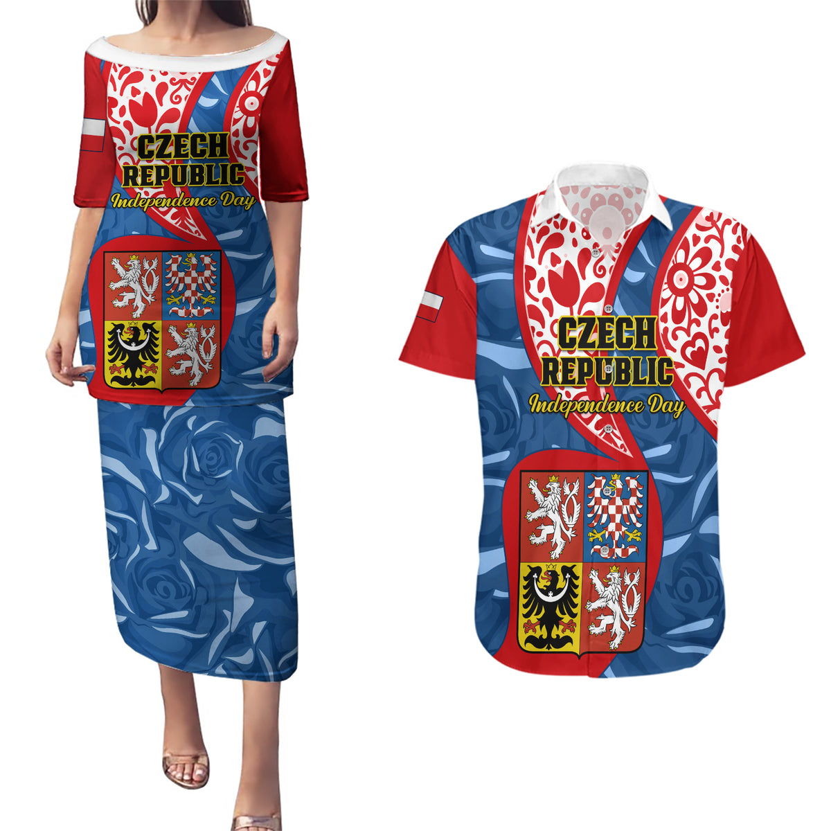 Personalised Czech Republic Independence Day Couples Matching Puletasi Dress and Hawaiian Shirt Czechia Coat Of Arms Embroidery Motif - Wonder Print Shop